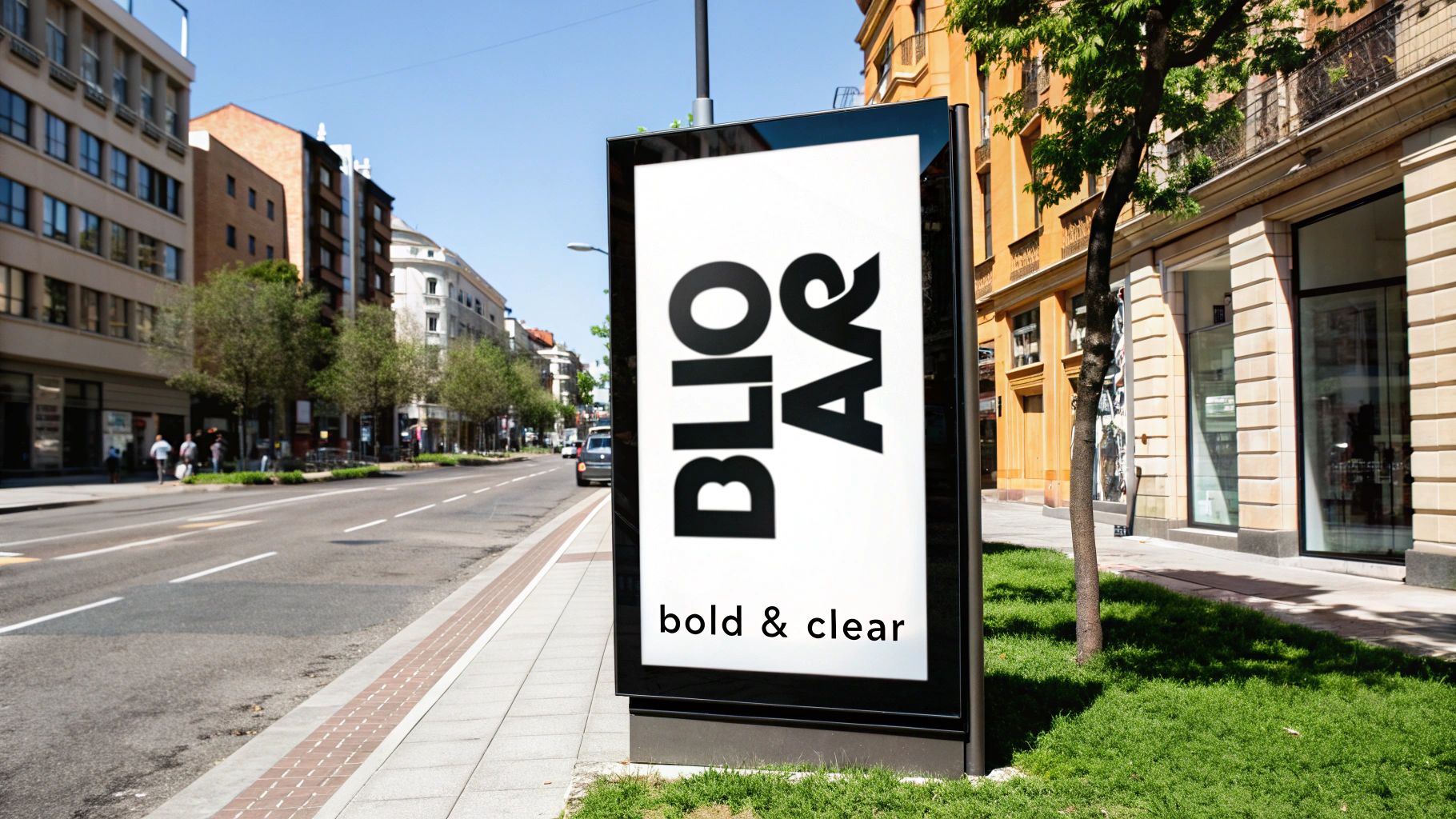 How to Buy Billboard Advertising A Modern Marketer's Guide 4 A prominent black digital billboard on a city sidewalk advertises 'BLIO Ag bold & clear' on a sunny day.