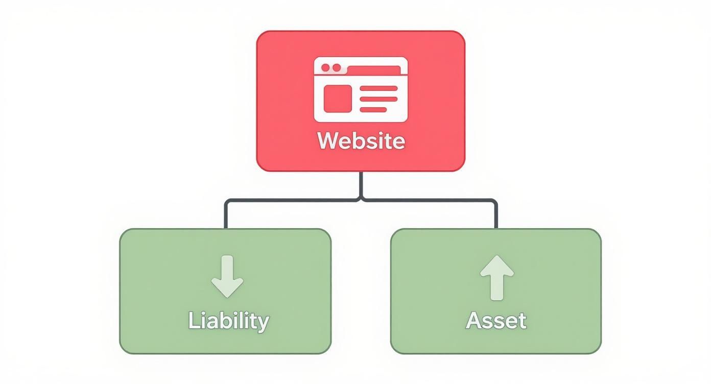 Diagram illustrating a website categorized as either a liability (down arrow) or an asset (up arrow).