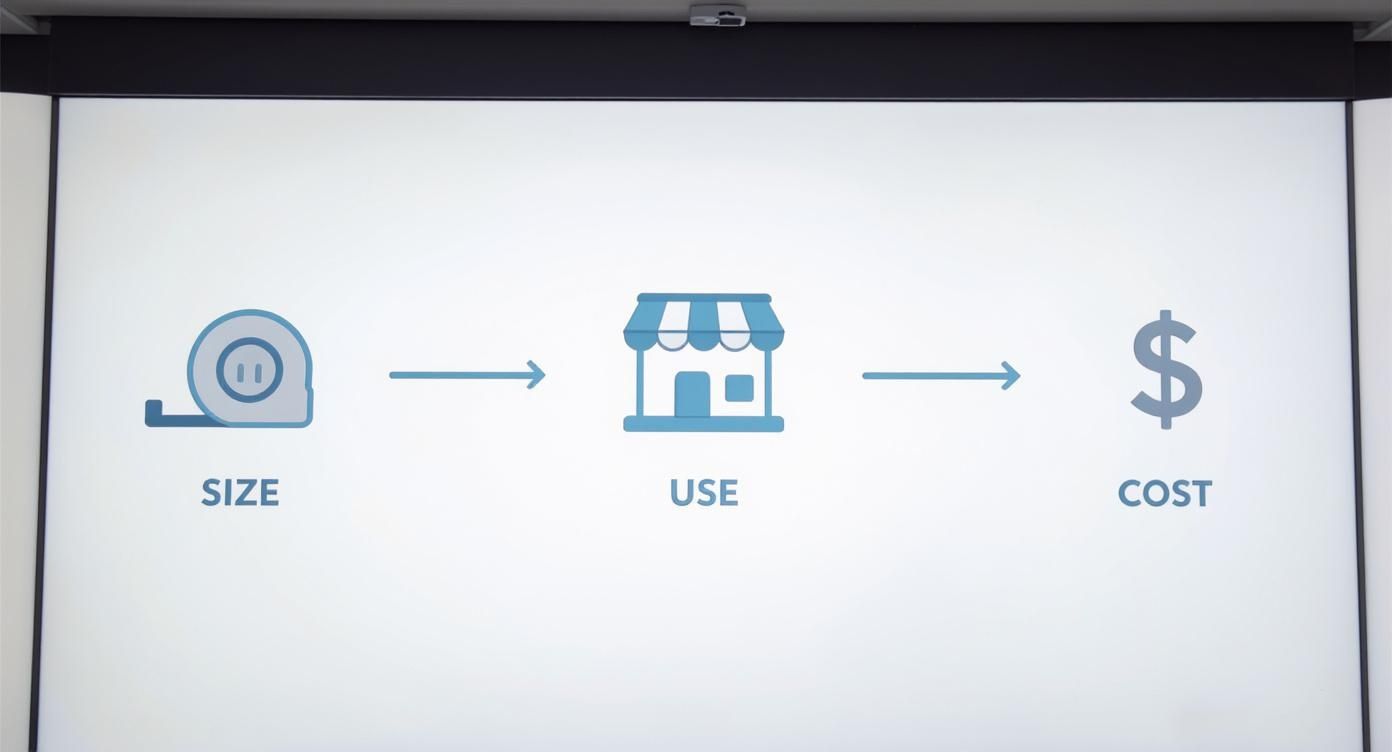 Infographic with icons and arrows illustrating the relationship between size, use, and cost.