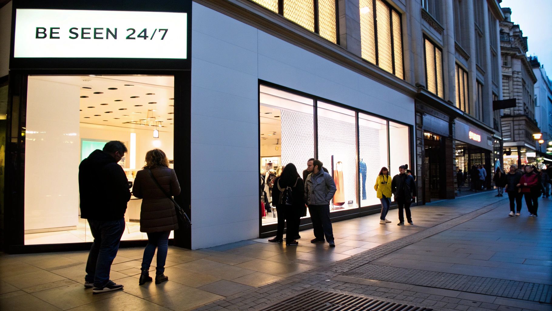 People walk past a modern store with a bright 'BE SEEN 24/7' LED sign at night.