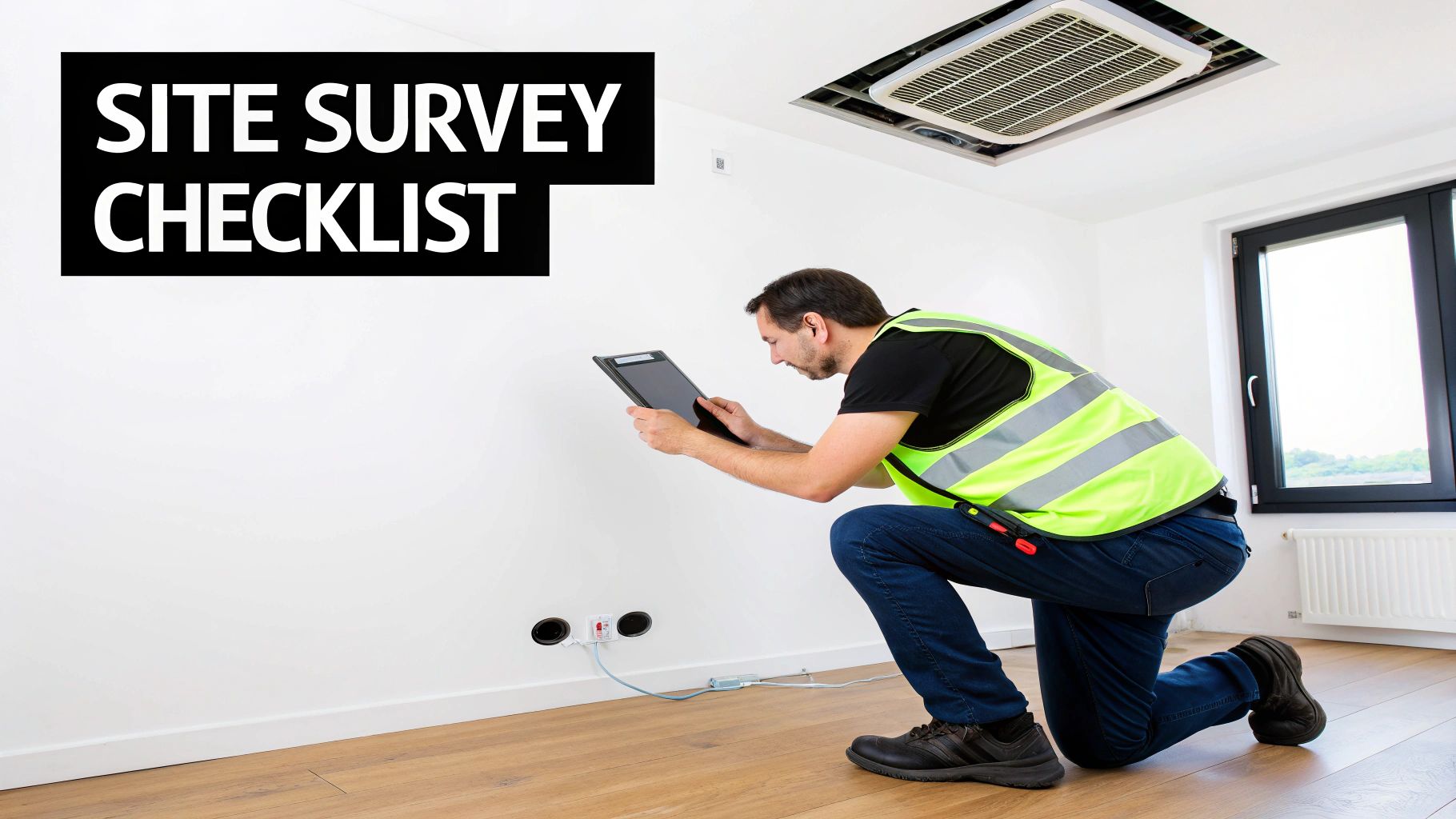 A technician performs a site survey, reviewing installations and electrical outlets with a digital checklist.