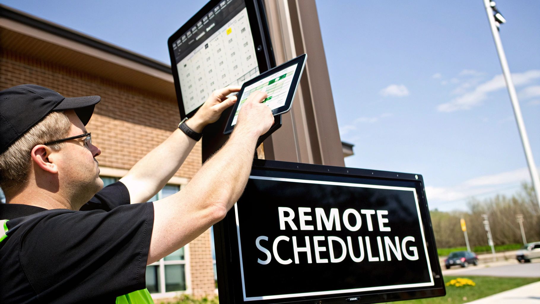 Your Essential Guide to Outdoor LED Sign Lighting 2 Man in a cap and glasses uses a tablet to adjust an outdoor digital sign with remote scheduling.