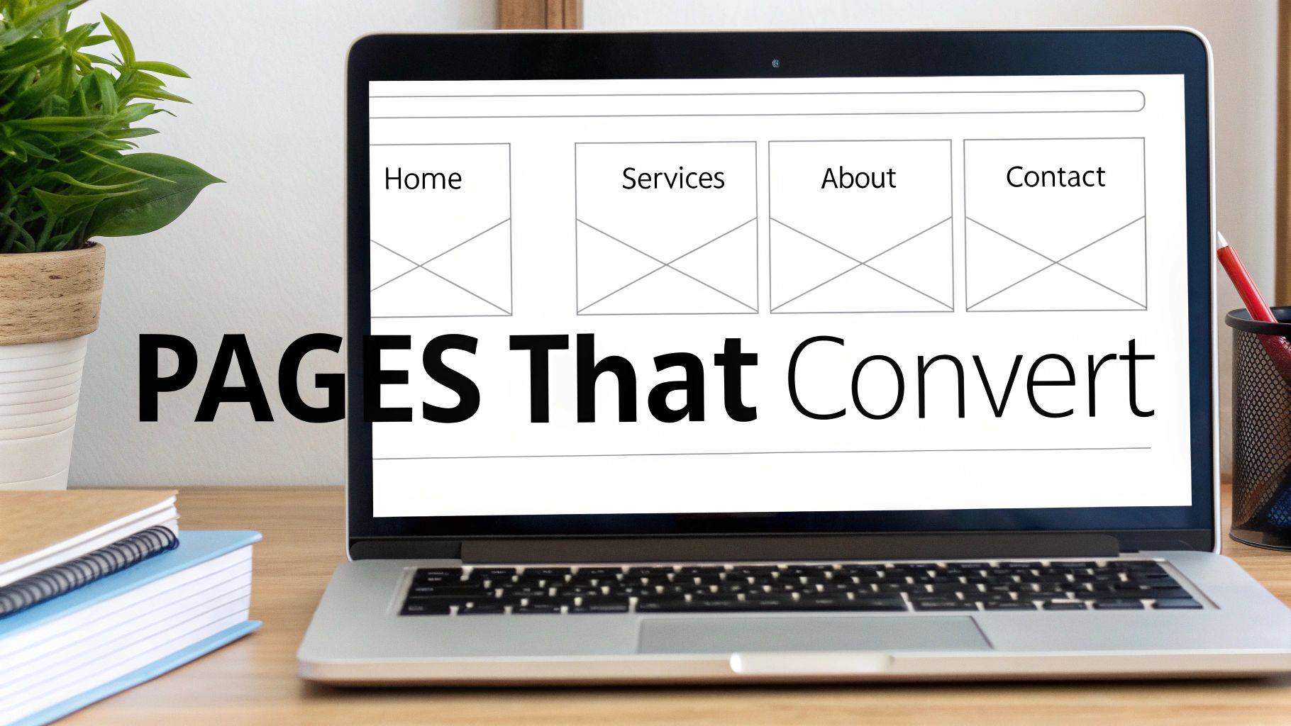 A laptop displays a website wireframe with navigation, overlaid with the text 'PAGES That Convert'.
