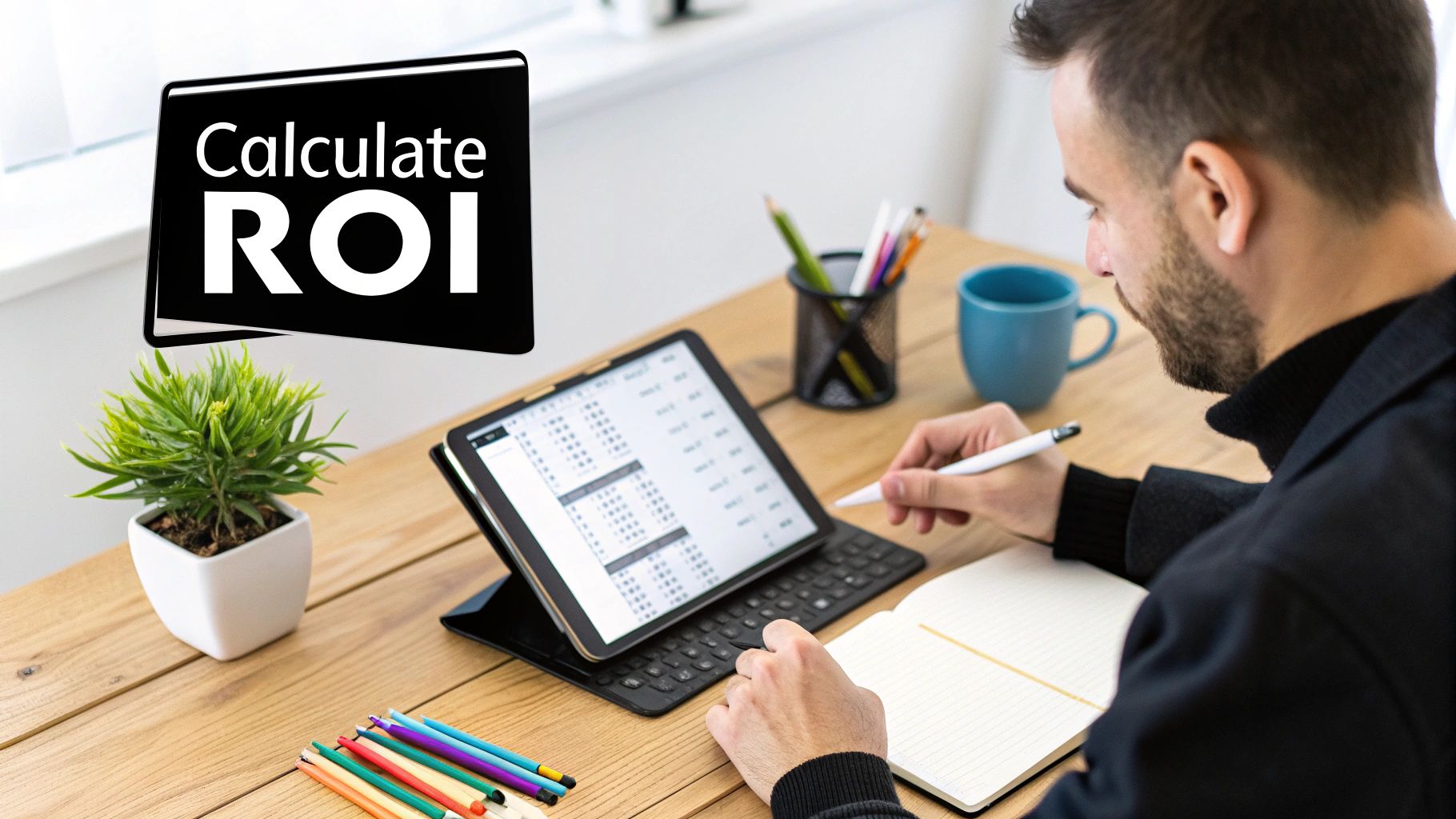 A man calculating ROI on a tablet with a stylus, notebook, and a plant on a wooden desk.
