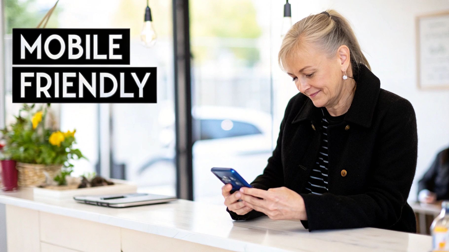 A woman in a black coat looks at her mobile phone, with 'MOBILE FRIENDLY' text overlay.