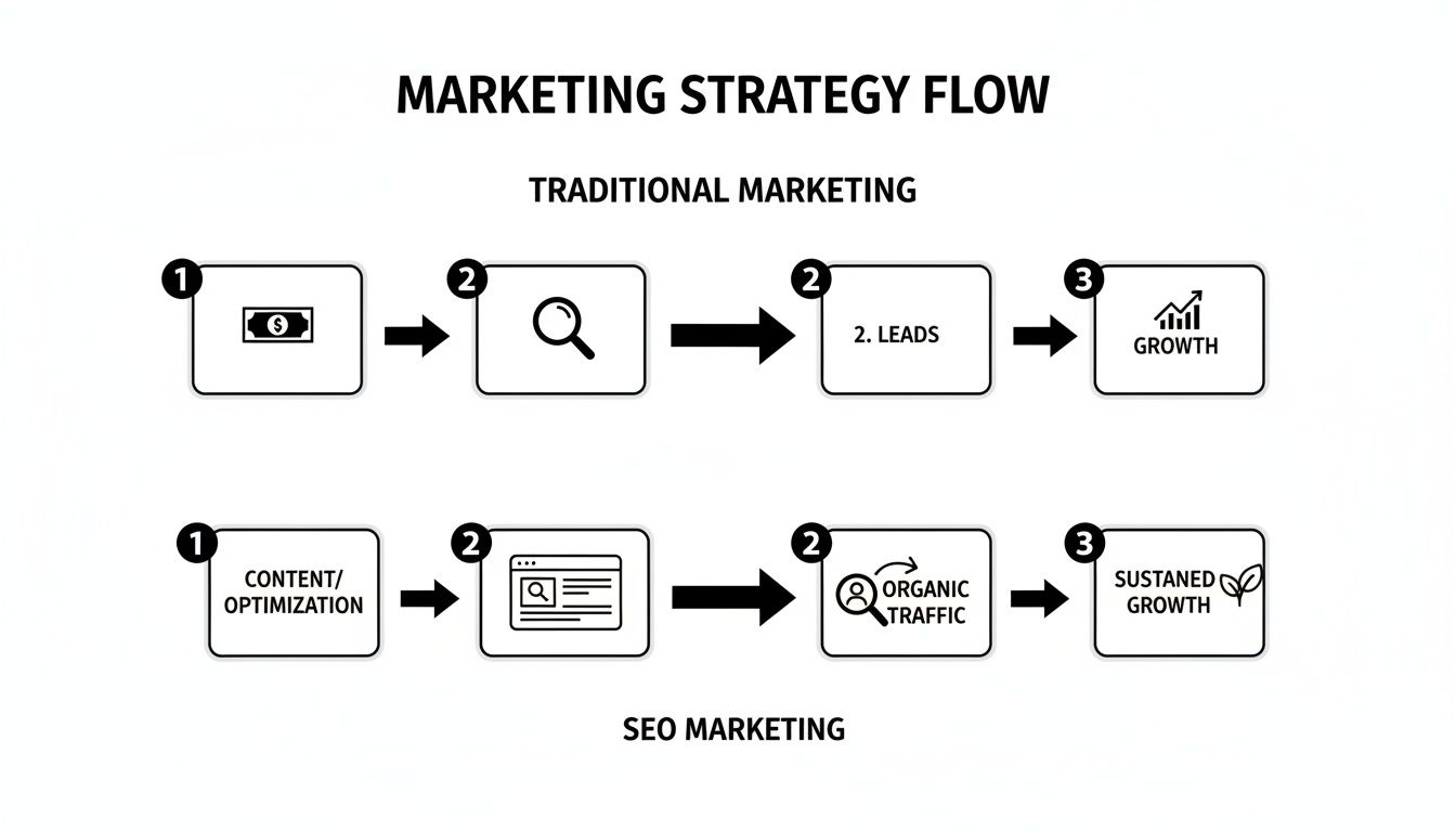 Flowchart illustrating traditional and SEO marketing strategies, from initial steps to growth outcomes.