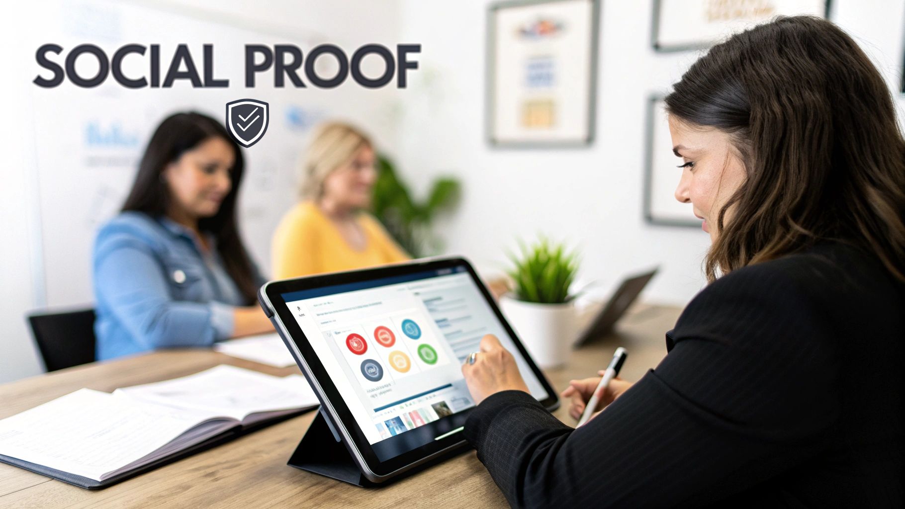 A woman uses a tablet displaying a dashboard with colorful icons, with 'SOCIAL PROOF' text overlay.