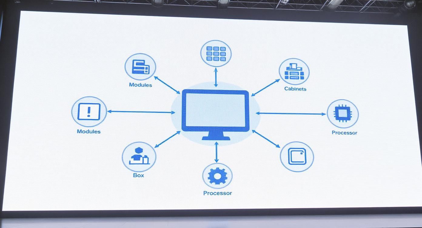 Your Complete Guide to Stage LED Screen Technology 1 A diagram on a stage LED screen showing a central computer connected to modules, cabinets, and processors.