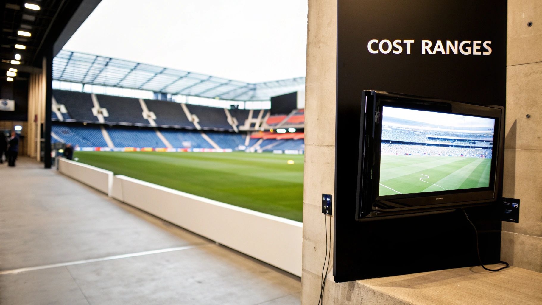 A TV screen showing a soccer stadium, with the words 'COST RANGES' on a wall.