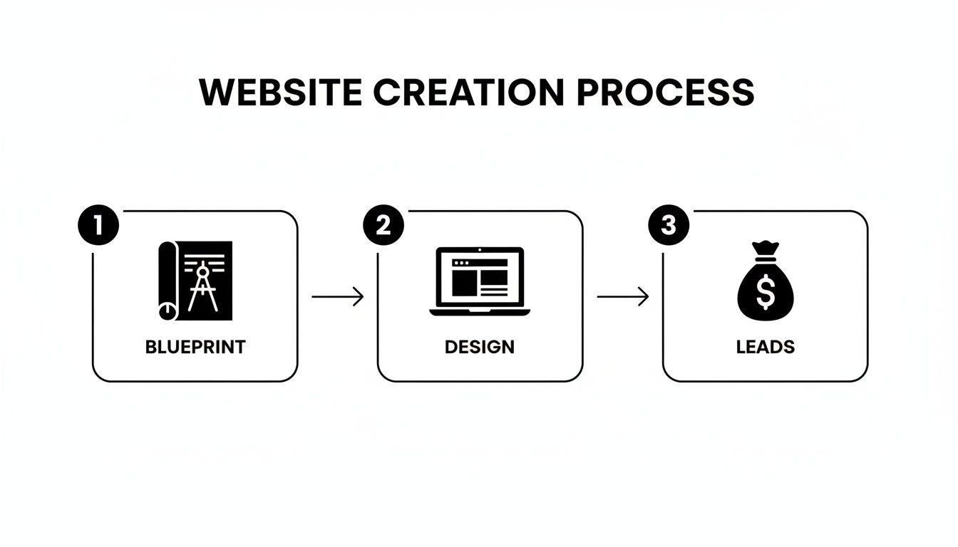 A website creation process infographic showing three steps: blueprint, design on a laptop, and leads.