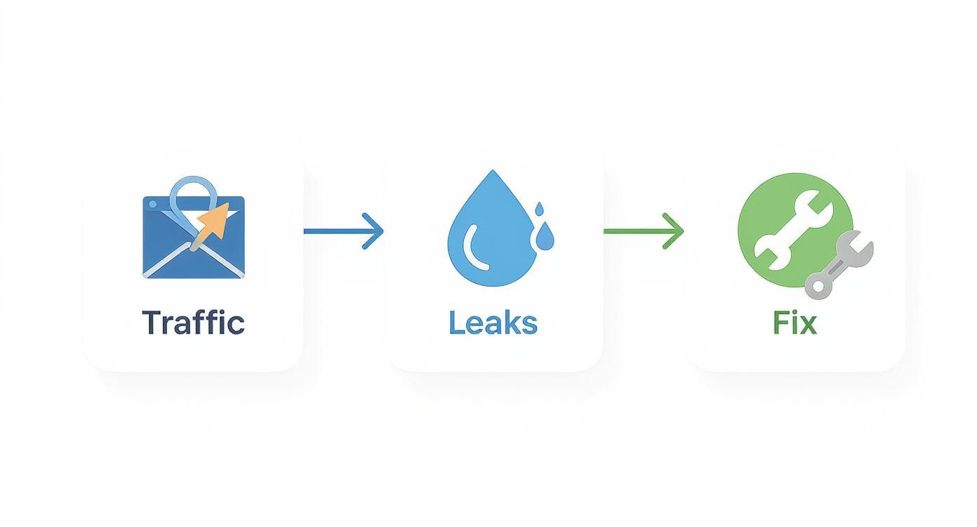 Diagram illustrating website conversion optimization: Traffic generation, identifying Leaks, and implementing Fixes.