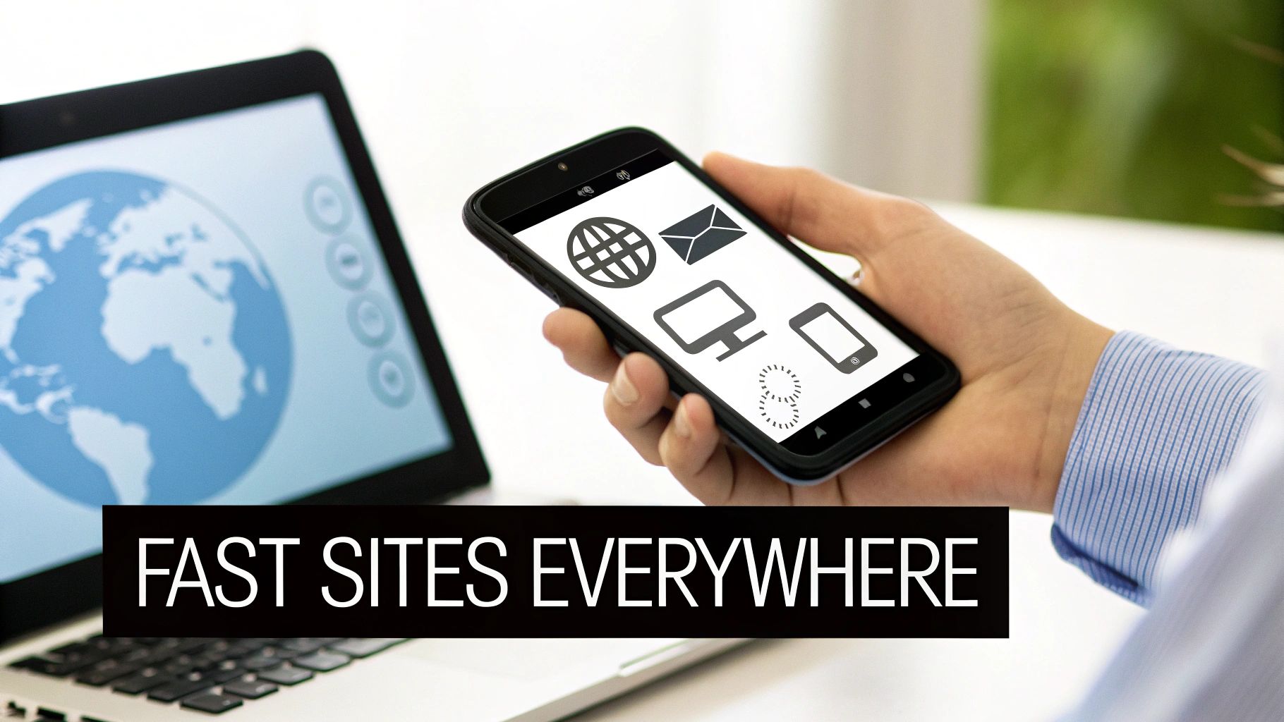 A hand holds a smartphone displaying web and device icons, next to a laptop with a globe, and text 'FAST SITES EVERYWHERE'.