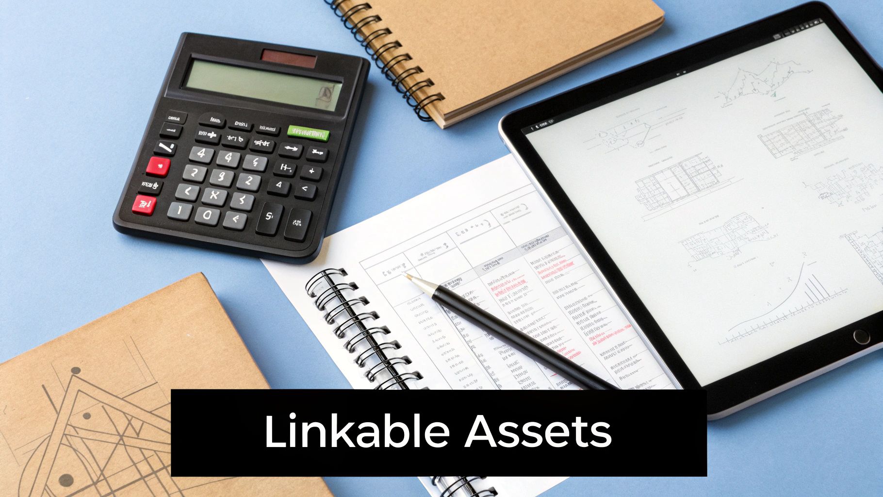 A calculator, notebook, pen, and tablet with technical drawings on a blue desk.