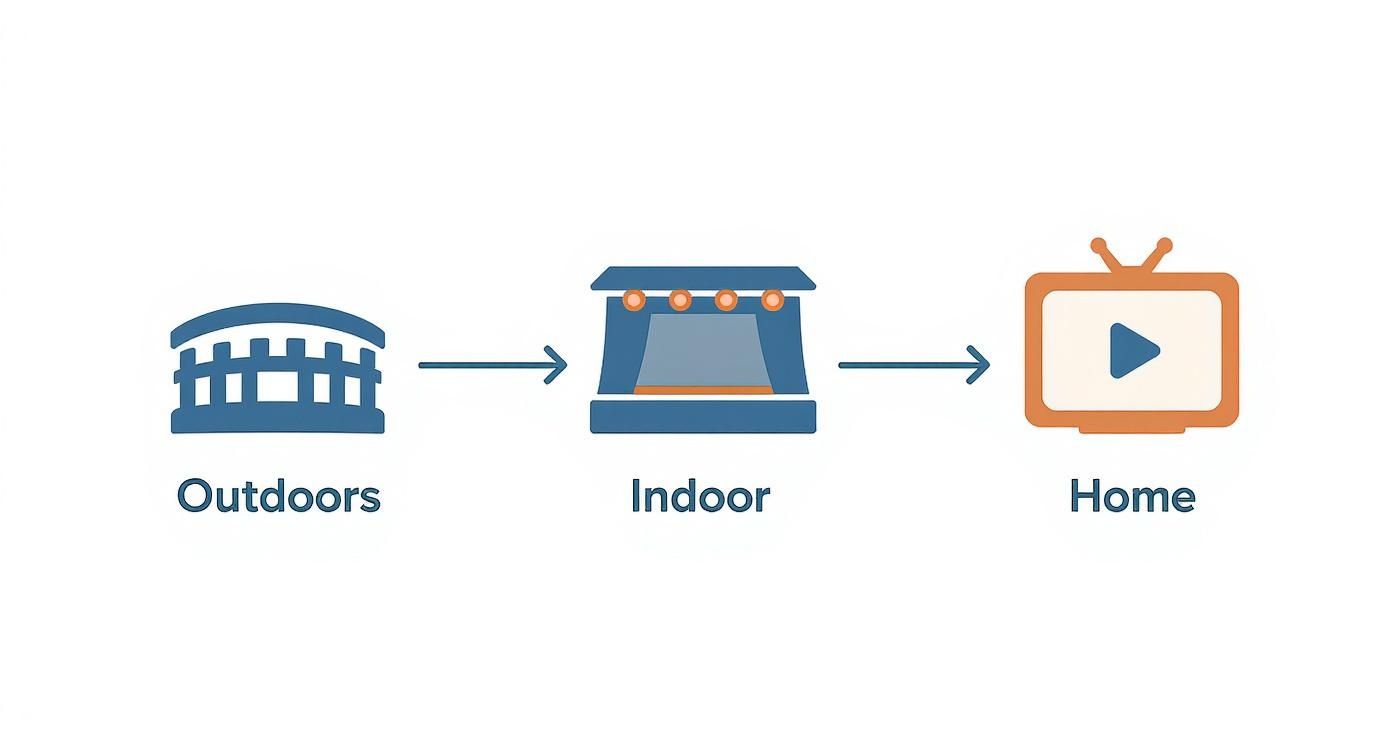 Your Guide to the Best LED Panel for Video 3 Infographic showing the process flow of LED applications from outdoors to indoors to home use.
