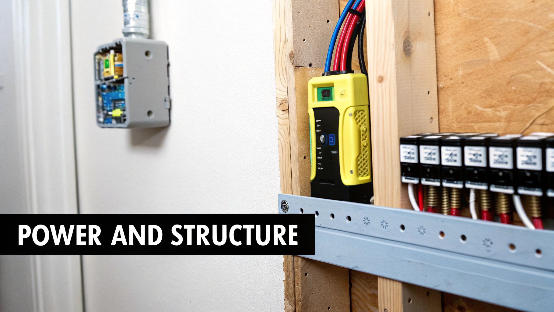 Close-up of electrical wiring, a yellow controller, and circuit breakers mounted on wooden studs.