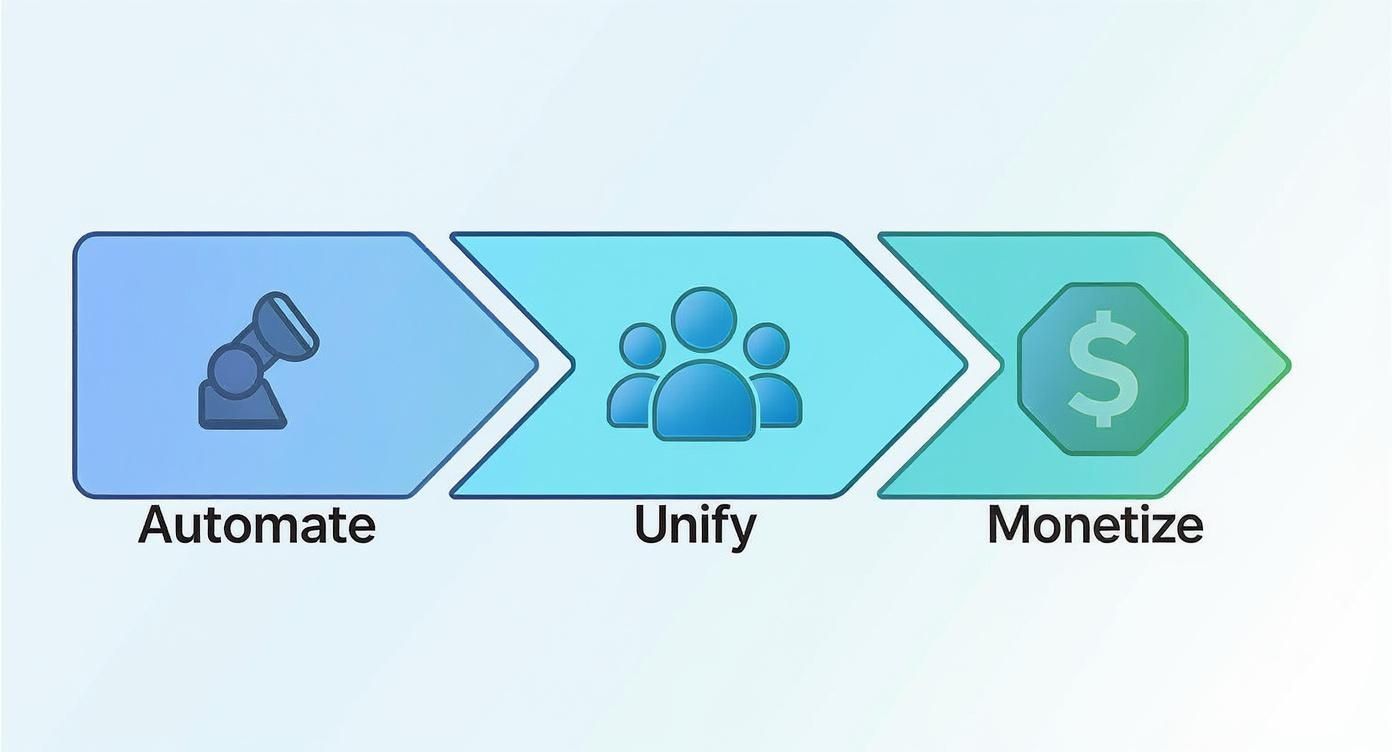 Infographic showing the process of automating, unifying, and monetizing with custom web application development.
