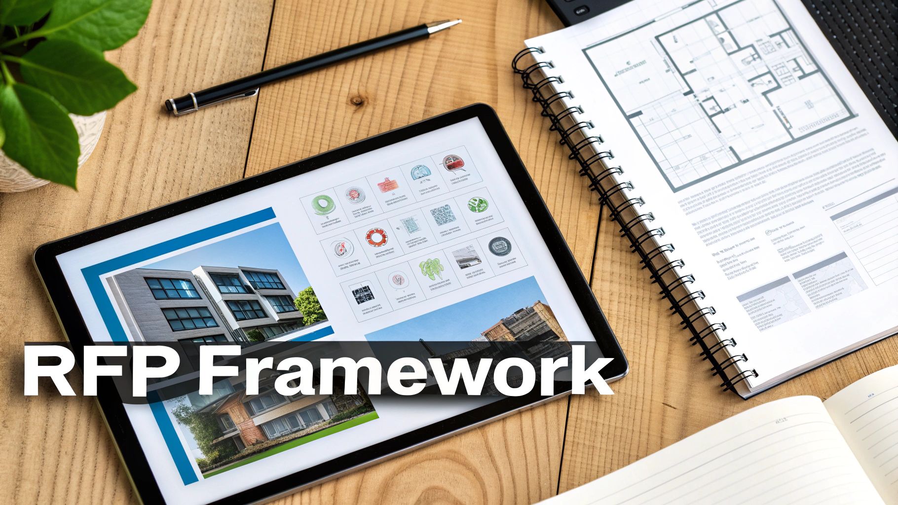 Tablet displaying architectural designs and floor plans on a desk, illustrating an RFP framework.