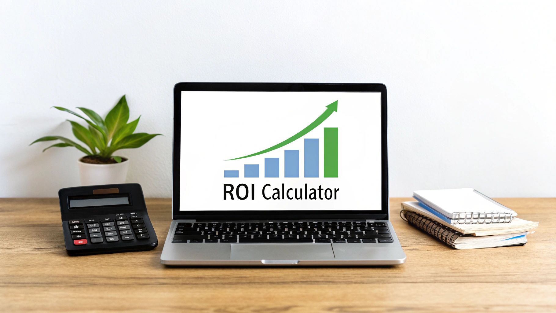 A laptop displaying an 'ROI Calculator' with a graph, a calculator, plant, and notebooks on a desk.