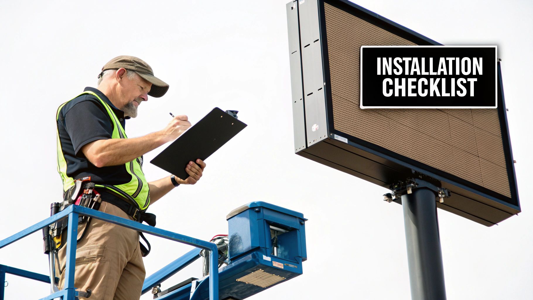 A Guide to Digital Outdoor Signage Success 3 Technicians installing a digital outdoor sign