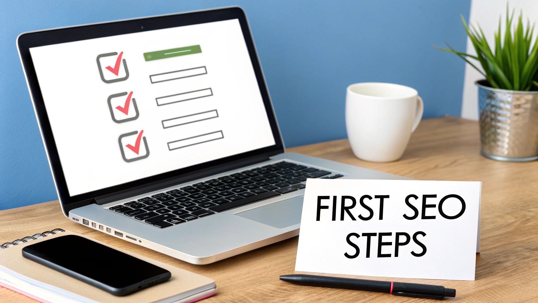 A checklist on a clipboard representing the first practical steps for SEO.