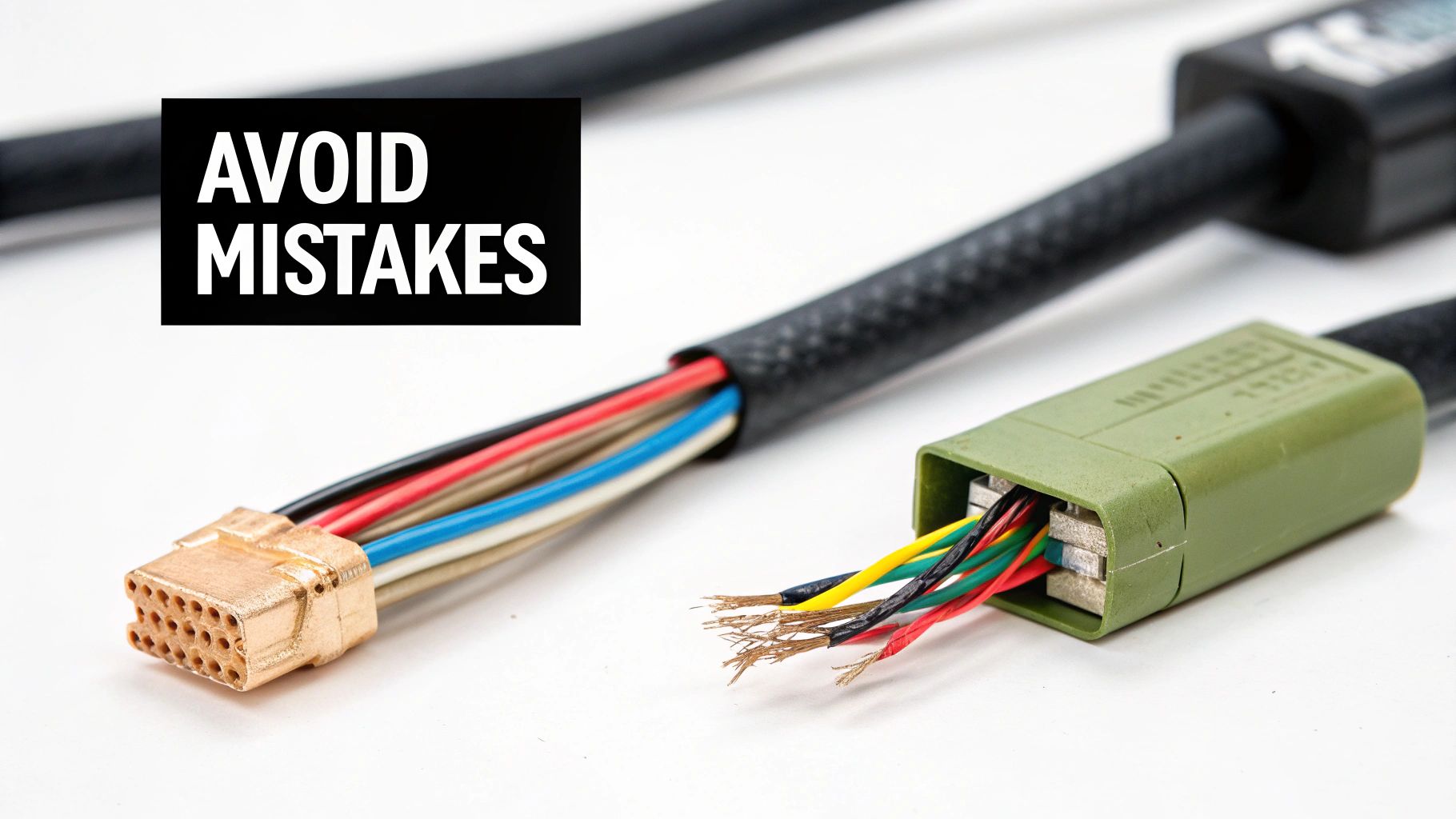 Close-up of electrical wires and connectors, including a golden multi-pin connector and stripped wires entering a green connector, with 'AVOID MISTAKES' text.