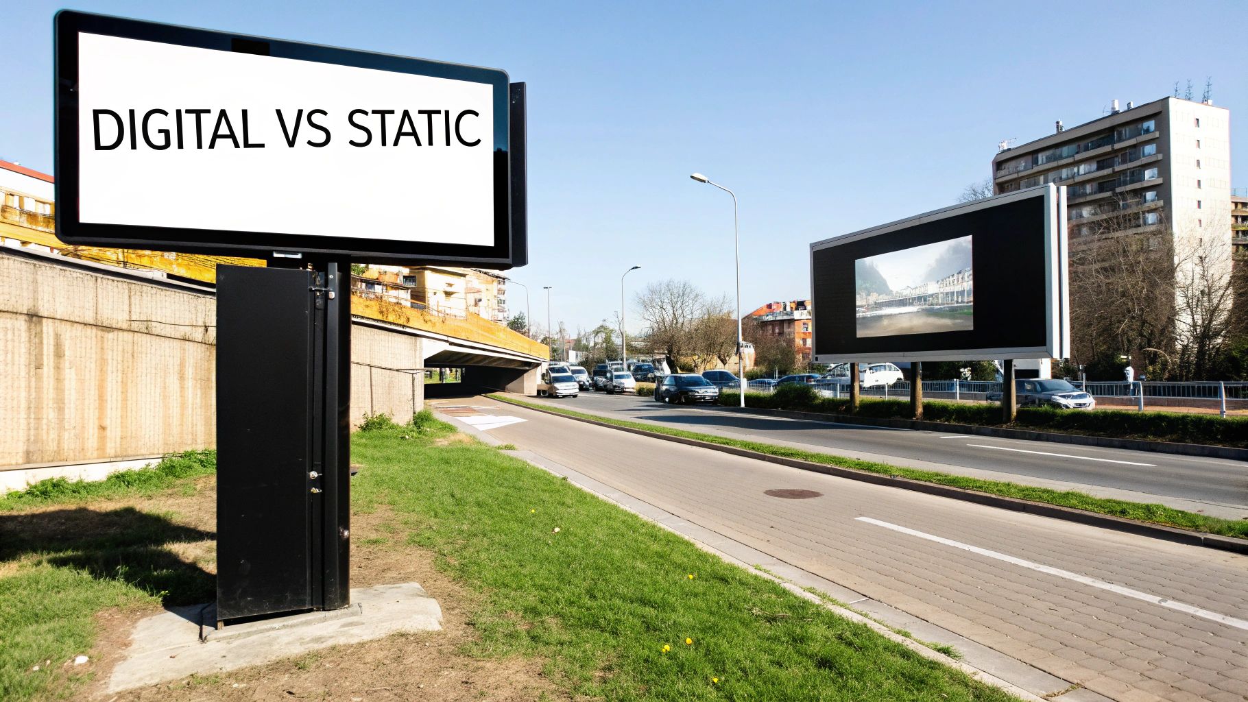 How to Buy Billboards a Practical Guide to Outdoor Advertising 3 Digital vs. static billboards stand along a road with passing cars, showcasing outdoor advertising.