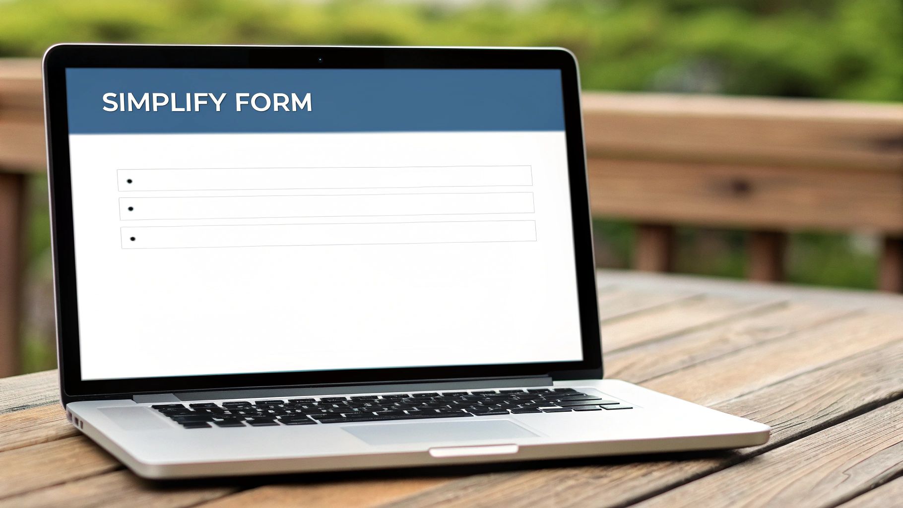 A laptop screen displays 'SIMPLIFY FORM' with input fields on a wooden outdoor table.