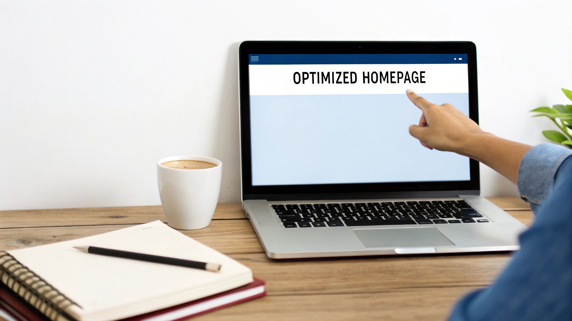 Person pointing at laptop screen displaying optimized homepage for increasing online sales