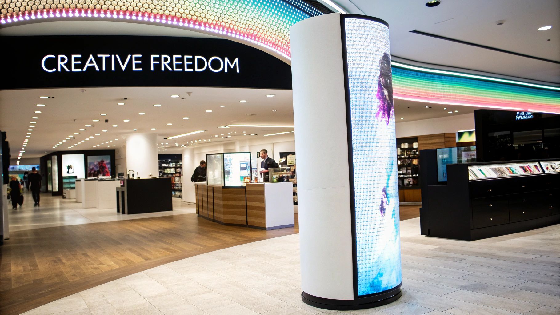 Flexible LED Panel A Guide to Curved Digital Displays 2 Modern retail space with a "Creative Freedom" sign, a large curved LED display, and colorful ceiling lights.