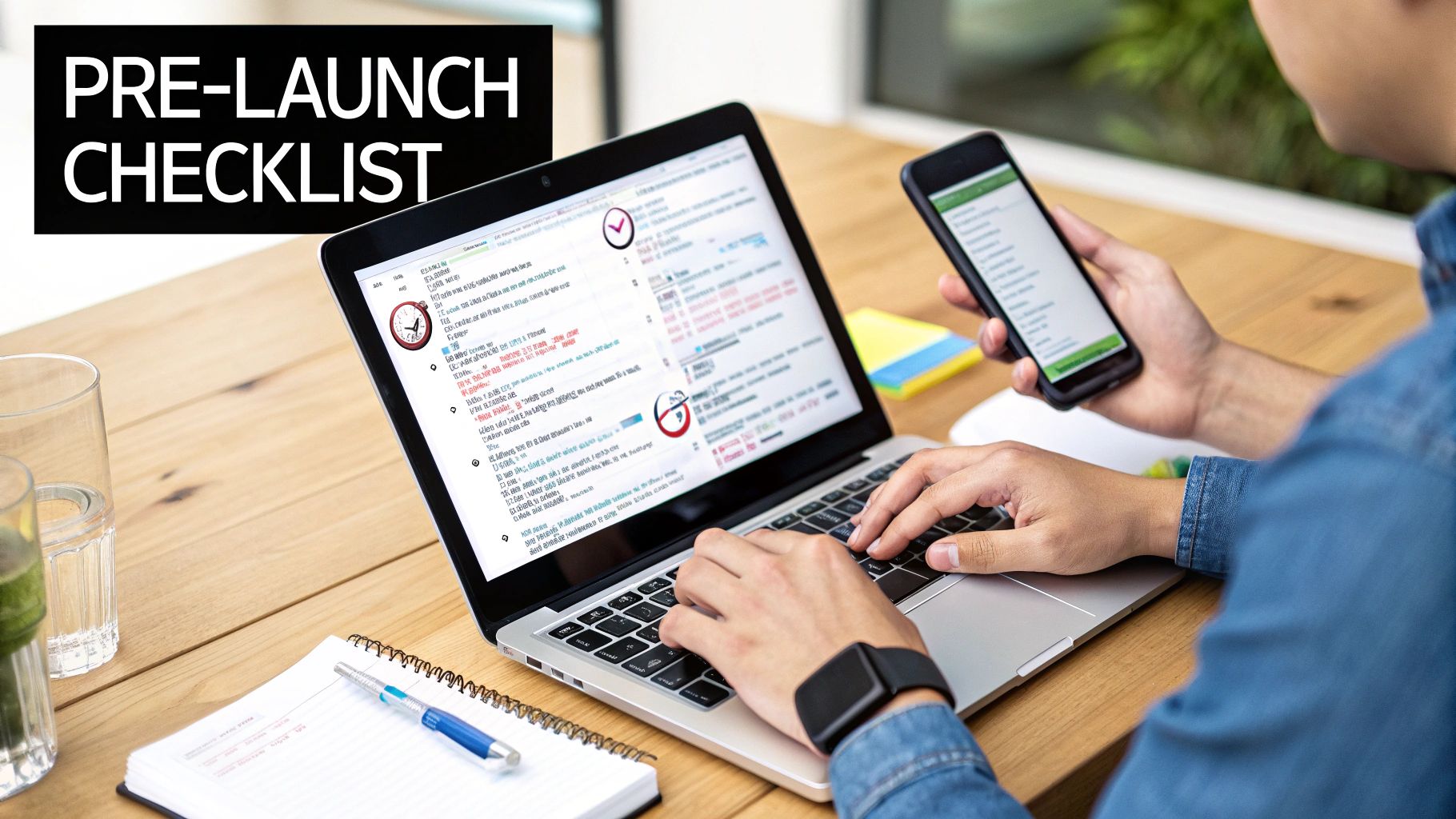 Person reviewing a pre-launch checklist on a laptop and smartphone for website project planning.