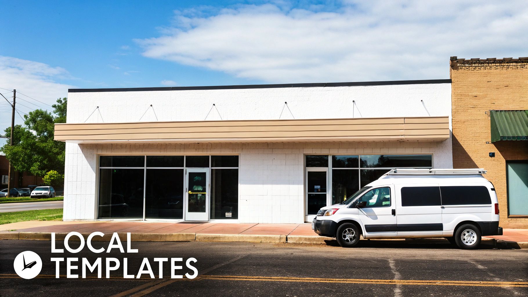 A white commercial building with large windows and a parked white delivery van.