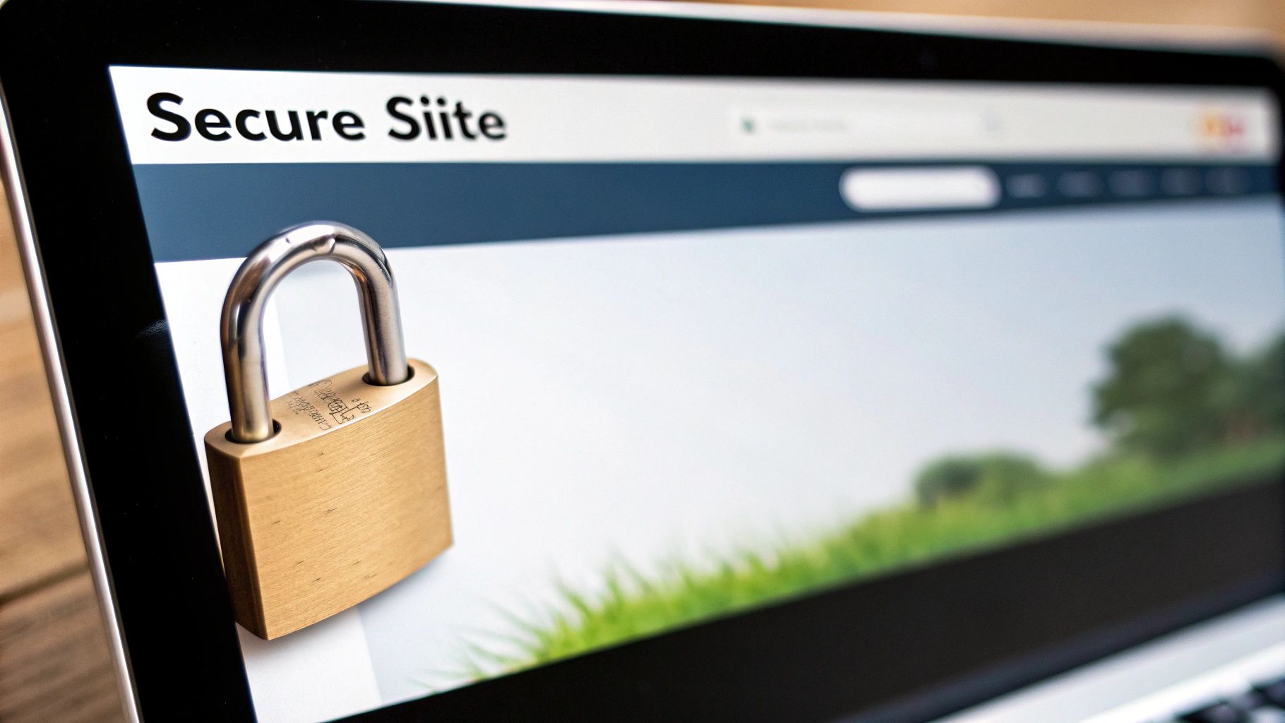 A brass padlock rests on a laptop screen displaying "Secure Site" and a green landscape.