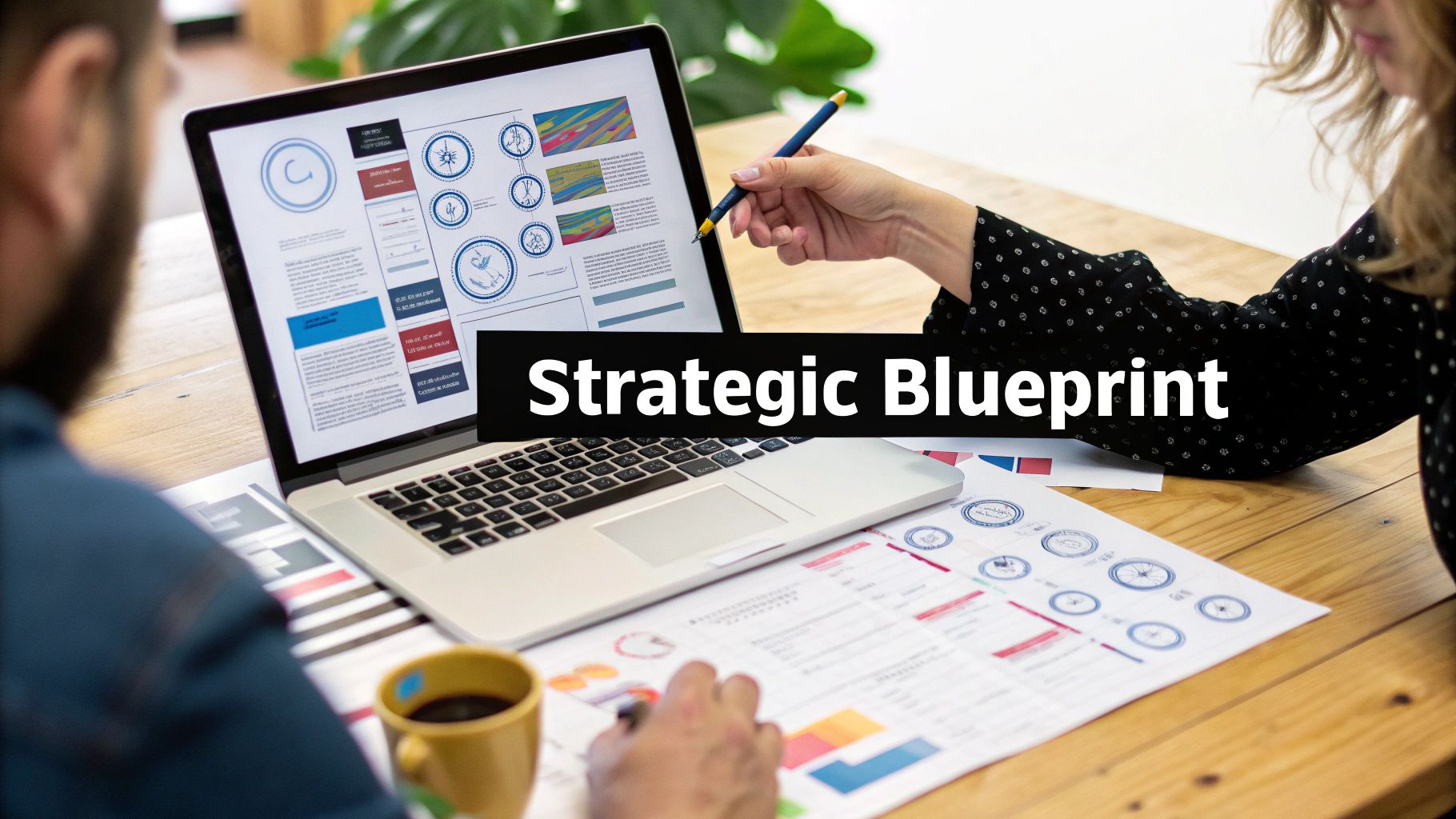 Two people collaborate on a laptop and papers with charts, displaying a 'Strategic Blueprint' on screen.