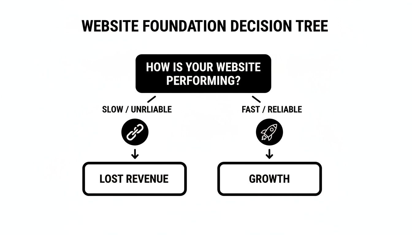 Decision tree illustrating how website performance impacts revenue and business growth.