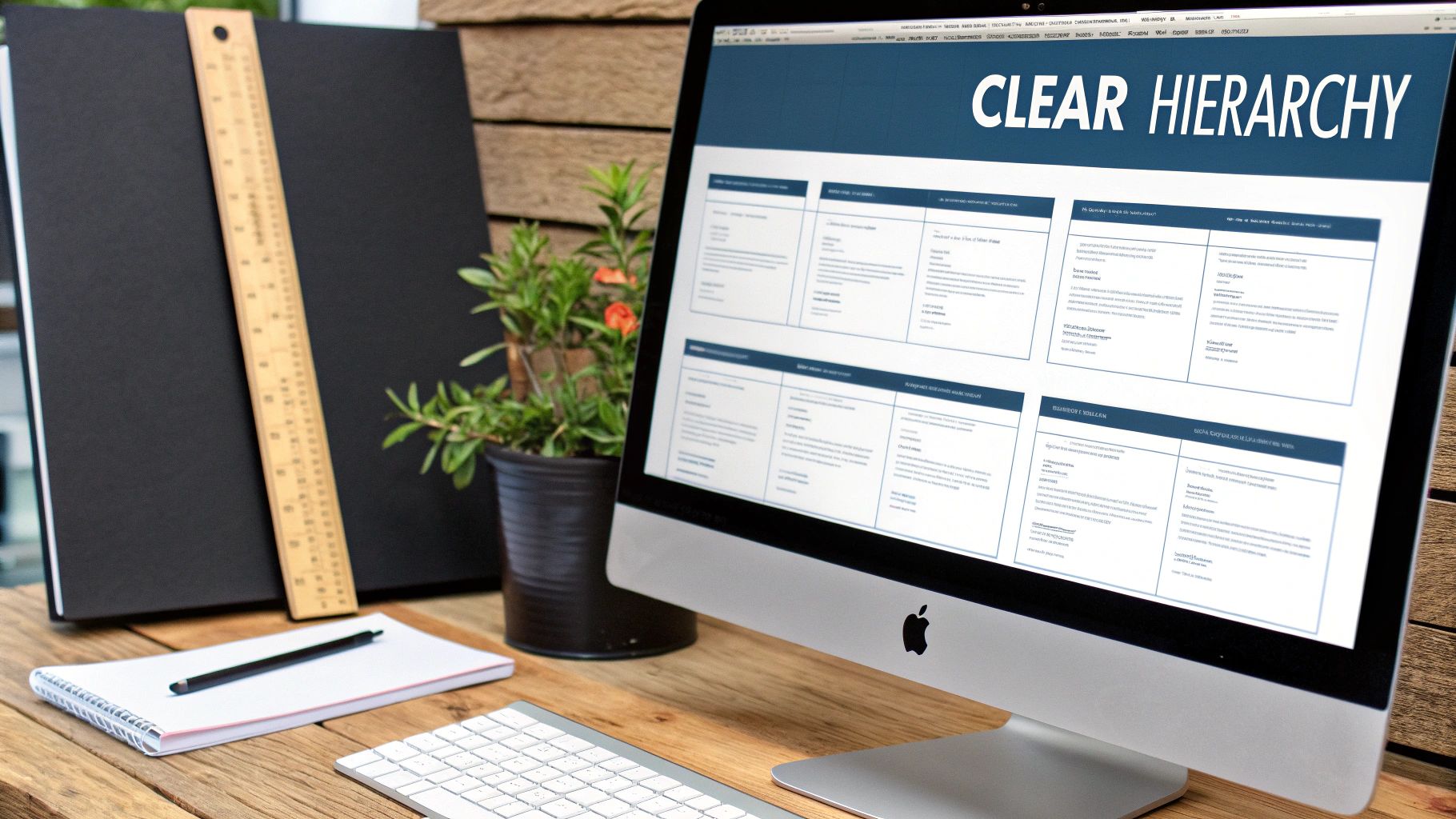 An iMac displaying a website design titled "CLEAR HIERARCHY" on a wooden desk with a keyboard, notebook, ruler, and plant.
