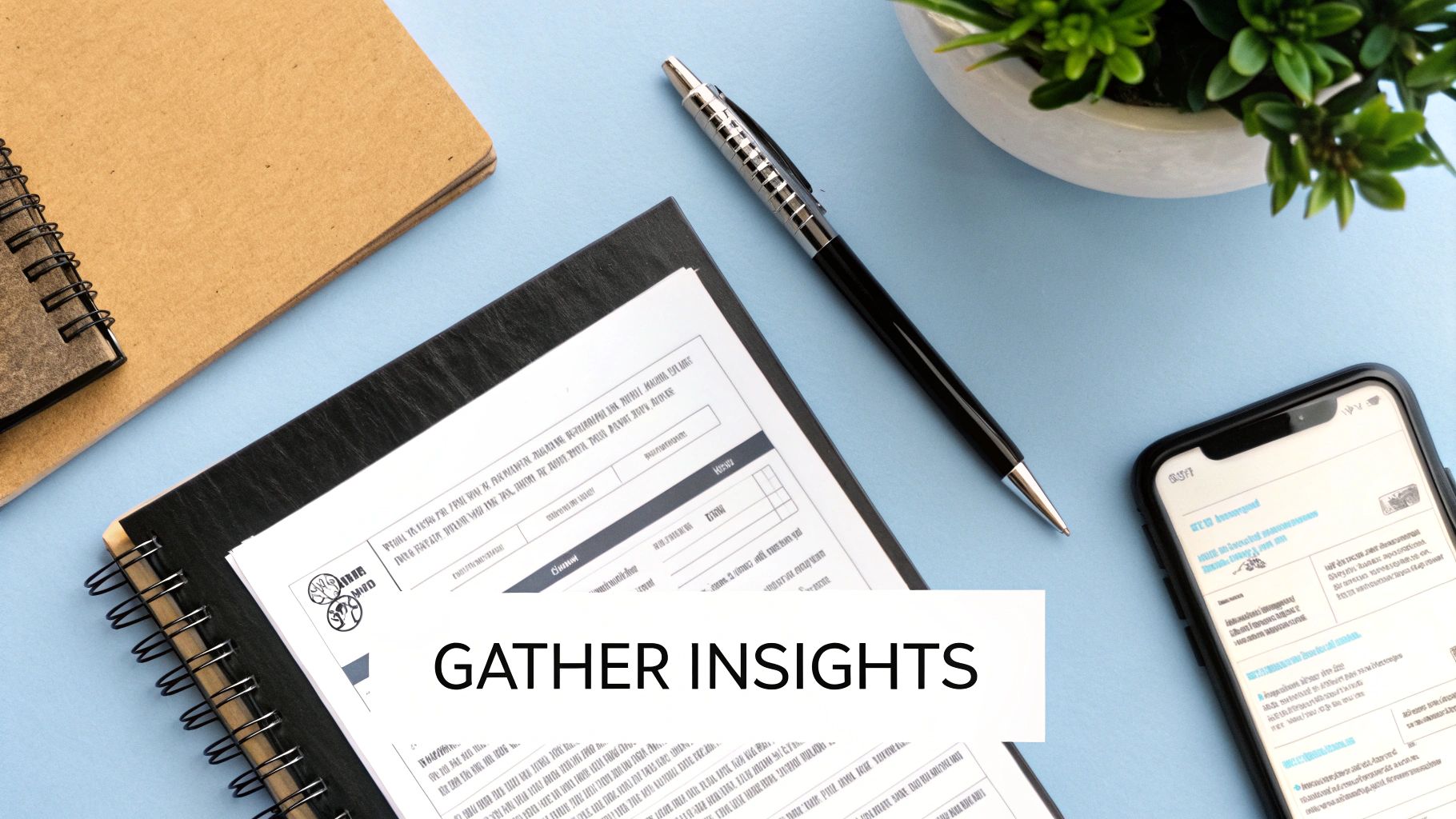 A flat lay desk setup featuring notebooks, a pen, a smartphone, and a small green plant.