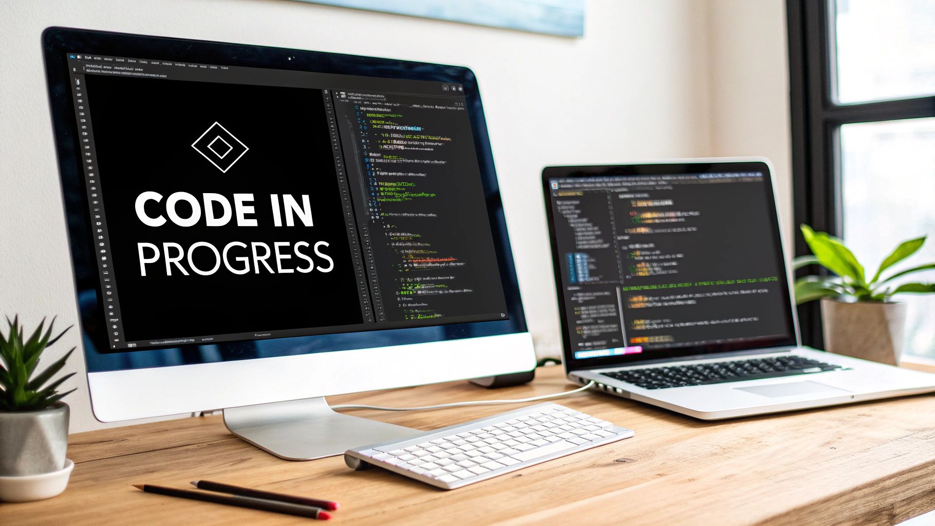 A modern developer's desk with a monitor showing 'CODE IN PROGRESS' and a laptop displaying code.