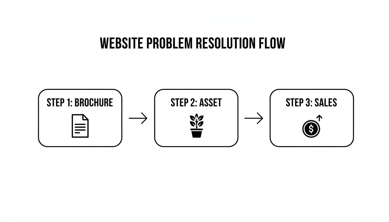 A flowchart illustrating the website problem resolution flow, detailing three steps: brochure, asset, and sales.