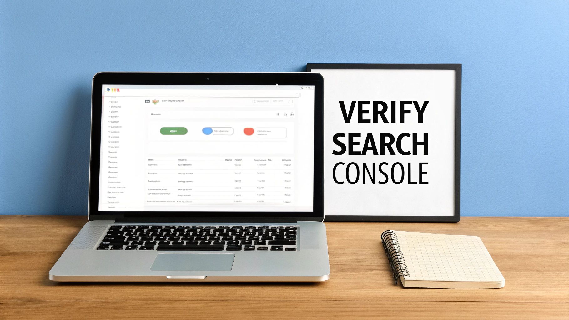 A laptop on a wooden desk displays Google Search Console, next to a 'VERIFY SEARCH CONSOLE' sign and a notebook.