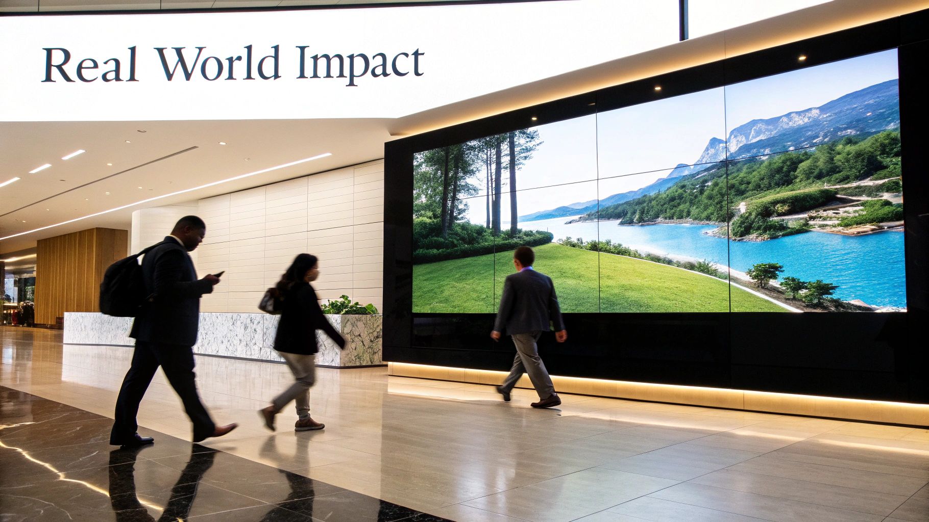 Modern corporate lobby featuring large video wall display showing scenic landscape with business professionals walking