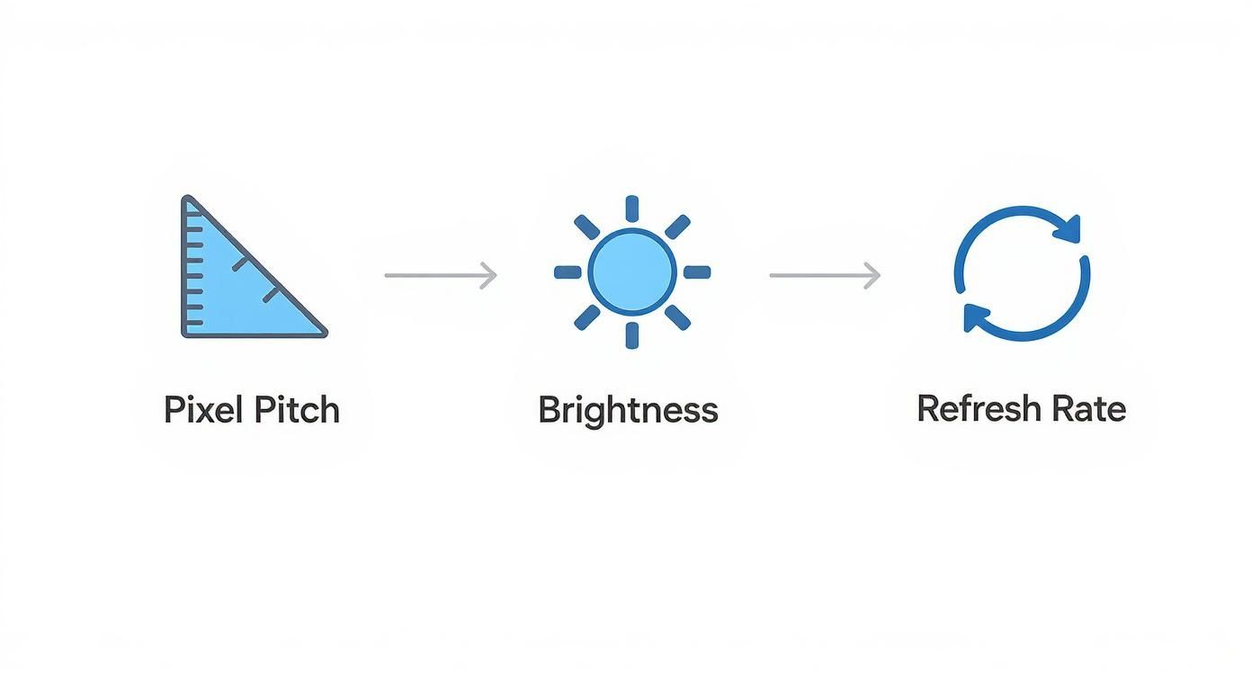 Three LED display specifications shown with icons: pixel pitch triangle, brightness sun symbol, and refresh rate arrows