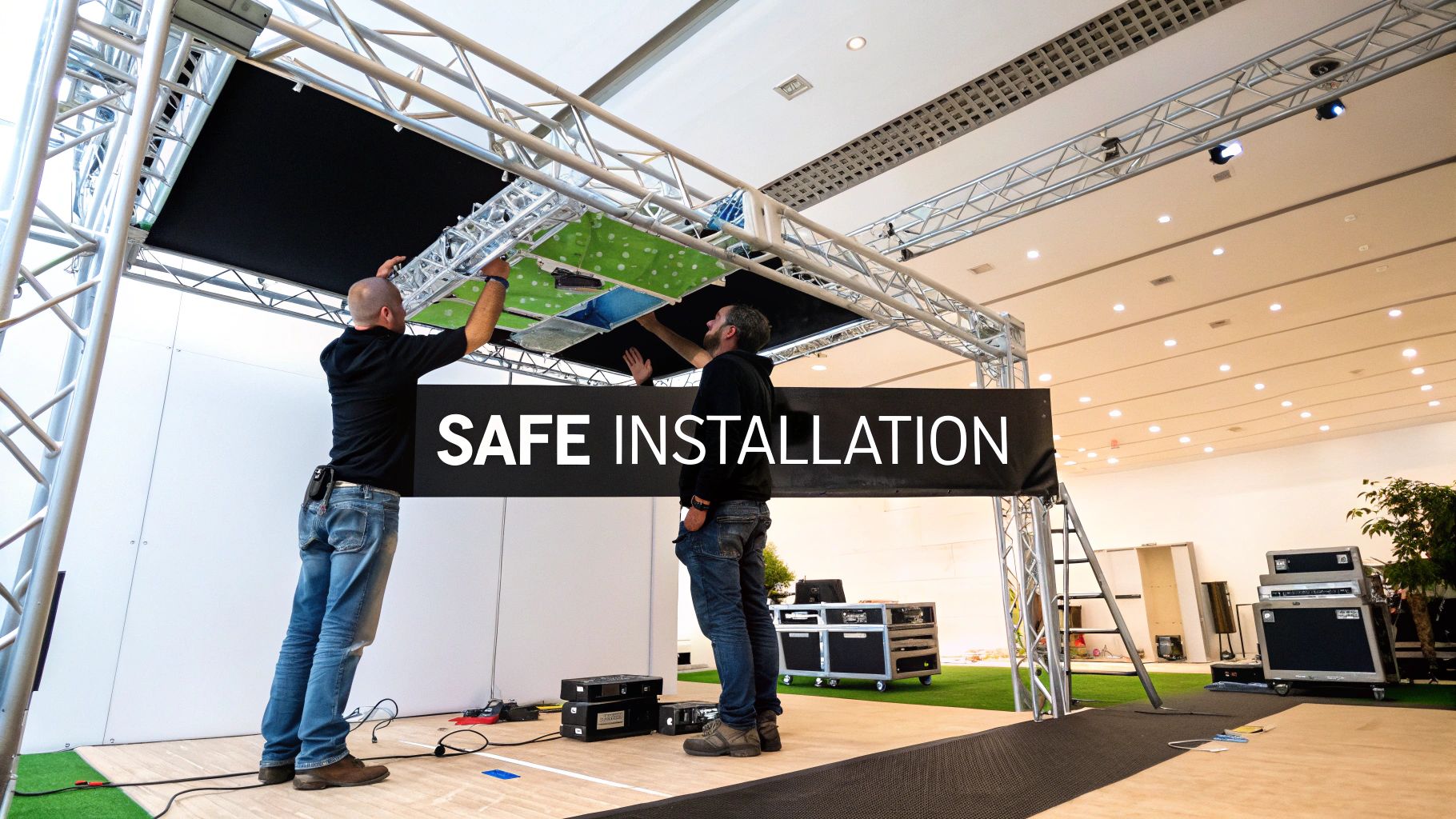 Two men safely installing black display panels into a metal truss structure for an event.