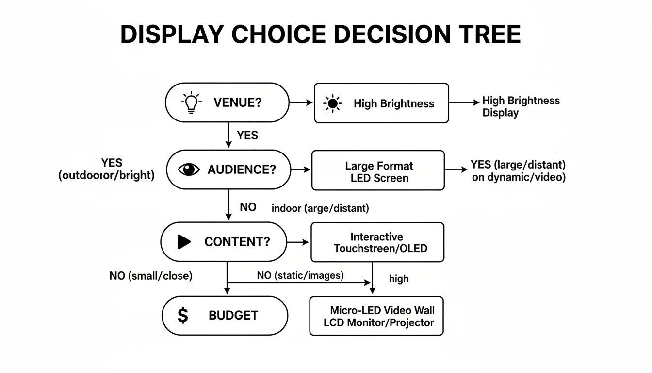 A Practical Guide to Choosing Displays for Shows 1 A display choice decision tree flowchart guiding selection based on venue, audience, content, and budget.