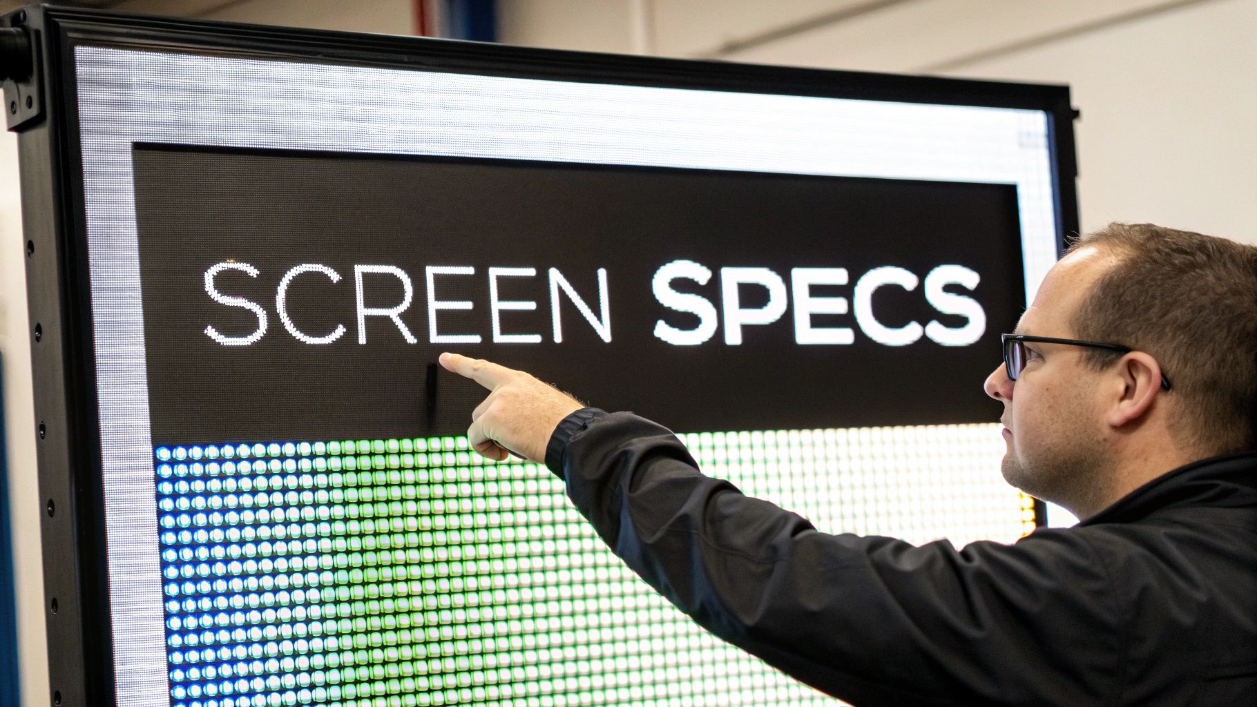 Close-up detail of an LED stage screen, showing the individual pixels and vibrant colors.