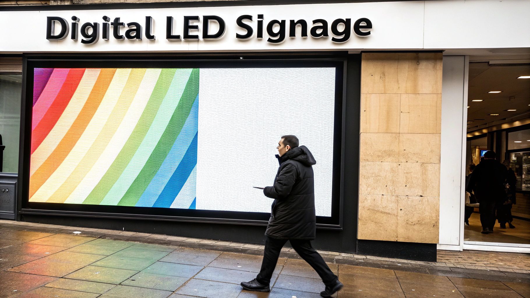 A Complete Guide to Digital LED Signage 1 A man walks past a storefront featuring a large digital LED screen with a vibrant rainbow pattern.