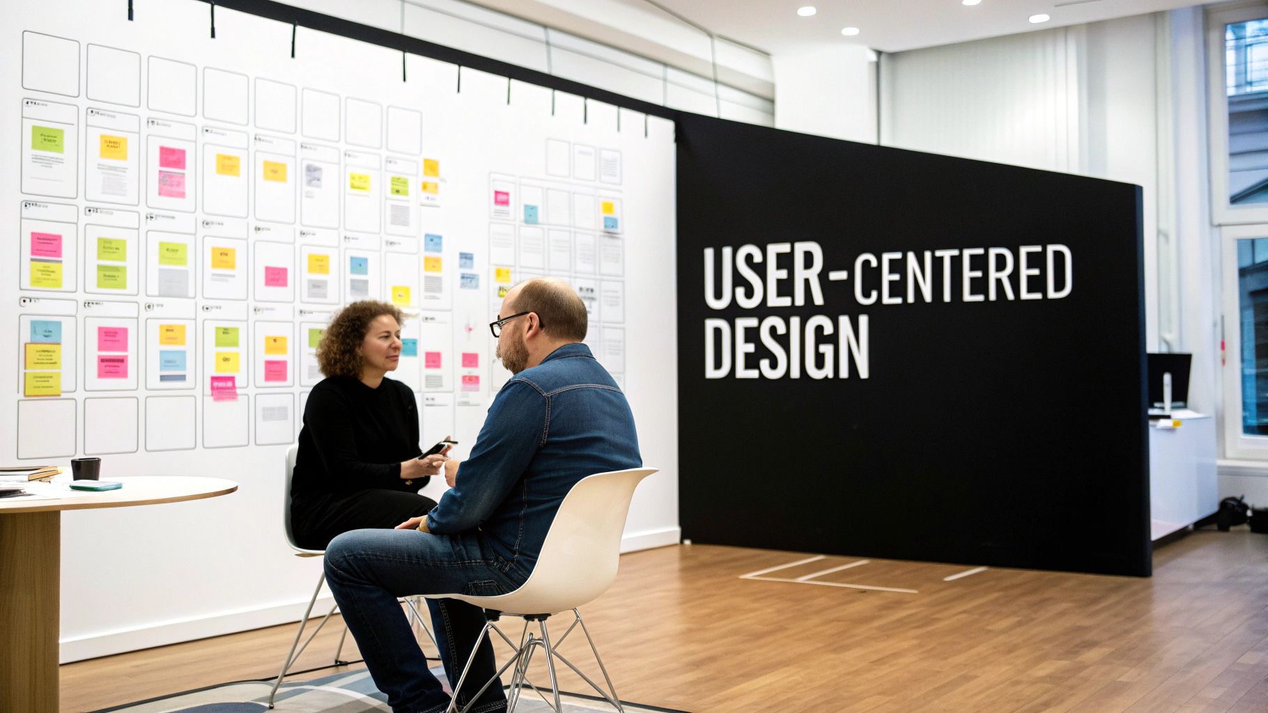 Two designers collaborate in a modern studio, featuring a wall of UX notes and a 'User-Centered Design' sign.