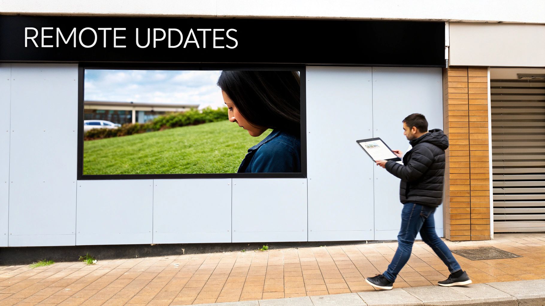 An individual using a tablet to manage content on a large outdoor digital display sign.