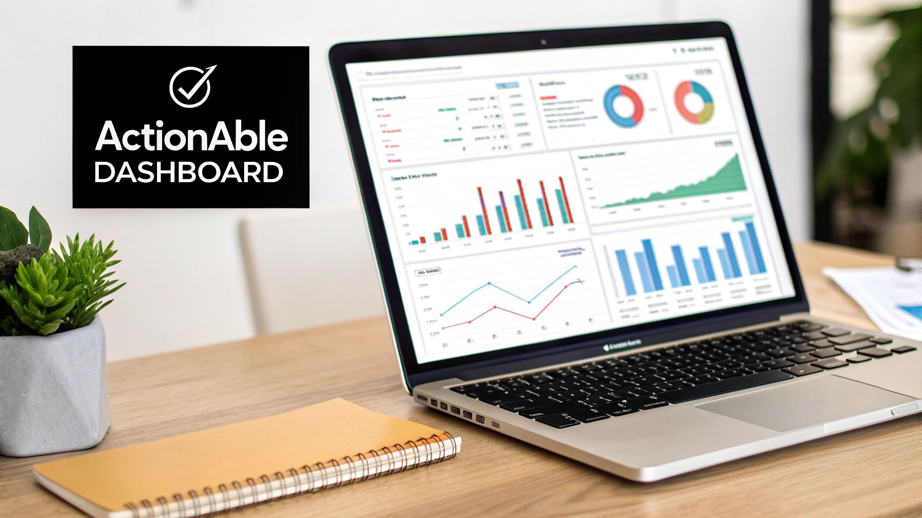 A laptop shows an ActionAble Dashboard with various data visualizations, a plant, and a notebook on a wooden desk.