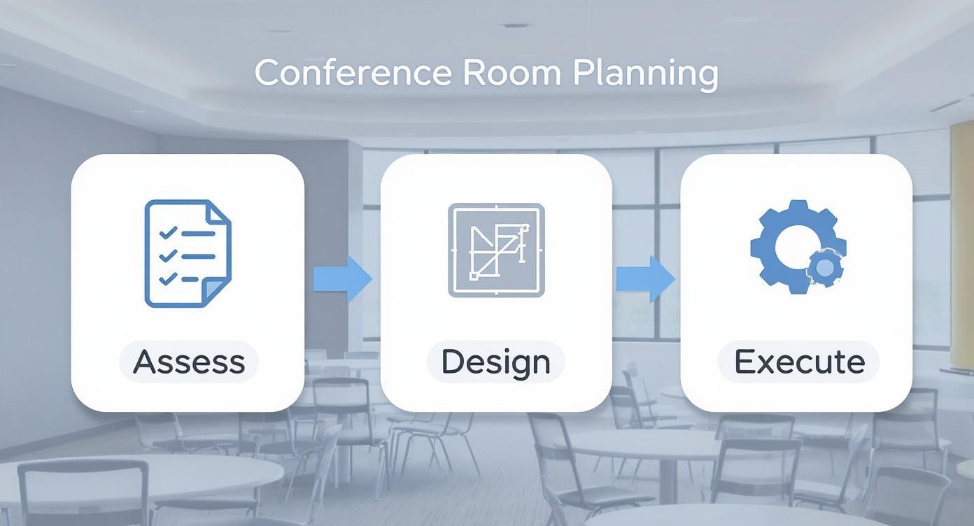 A three-step process for conference room planning: Assess, Design, and Execute, with icons.