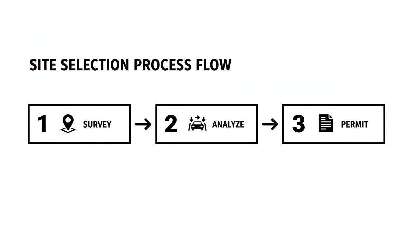 Flowchart illustrating the three-step site selection process: survey, analyze, and permit phases.